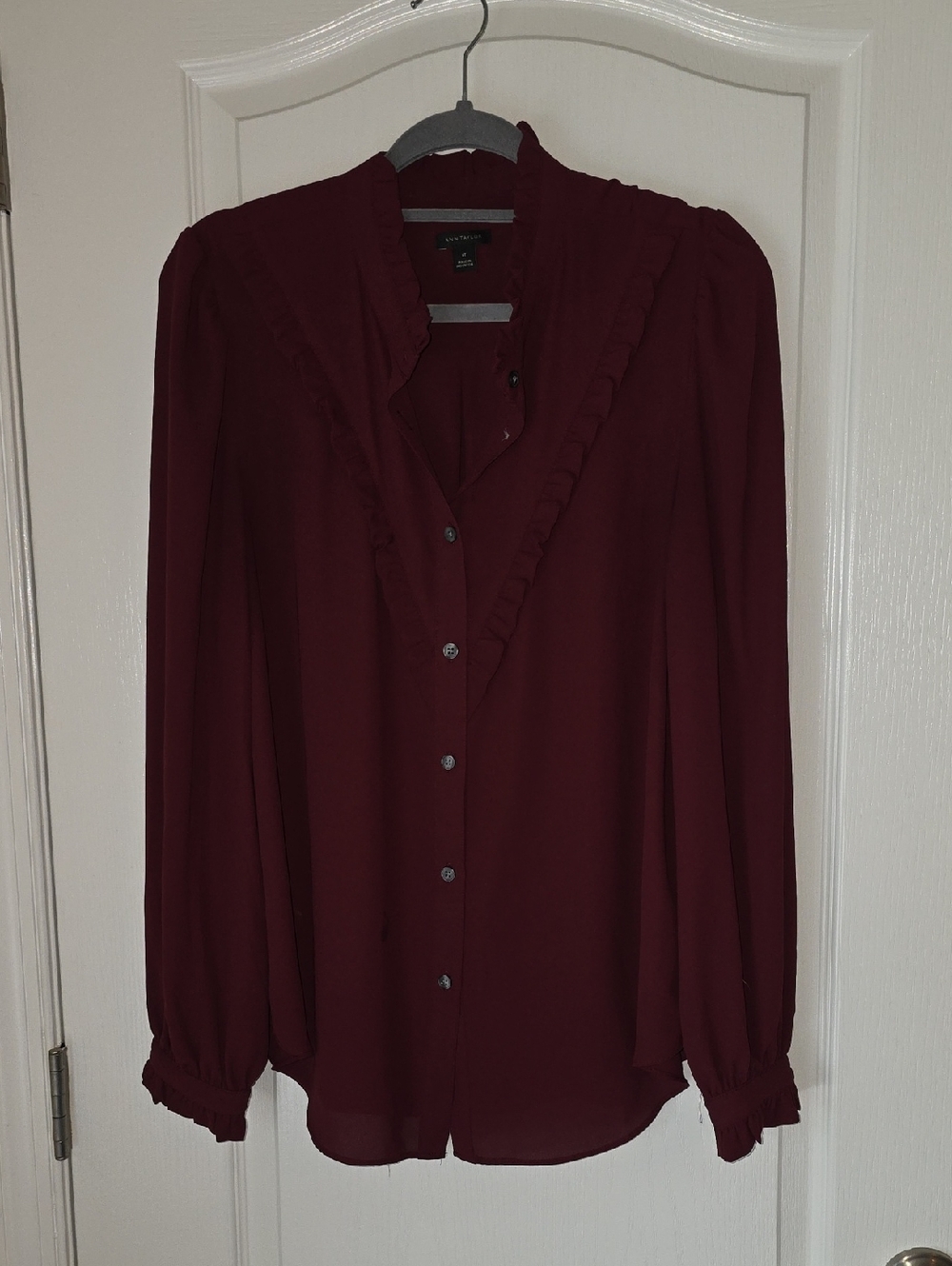Ann Taylor Burgundy Ruffle-Trim Button-Front Blouse